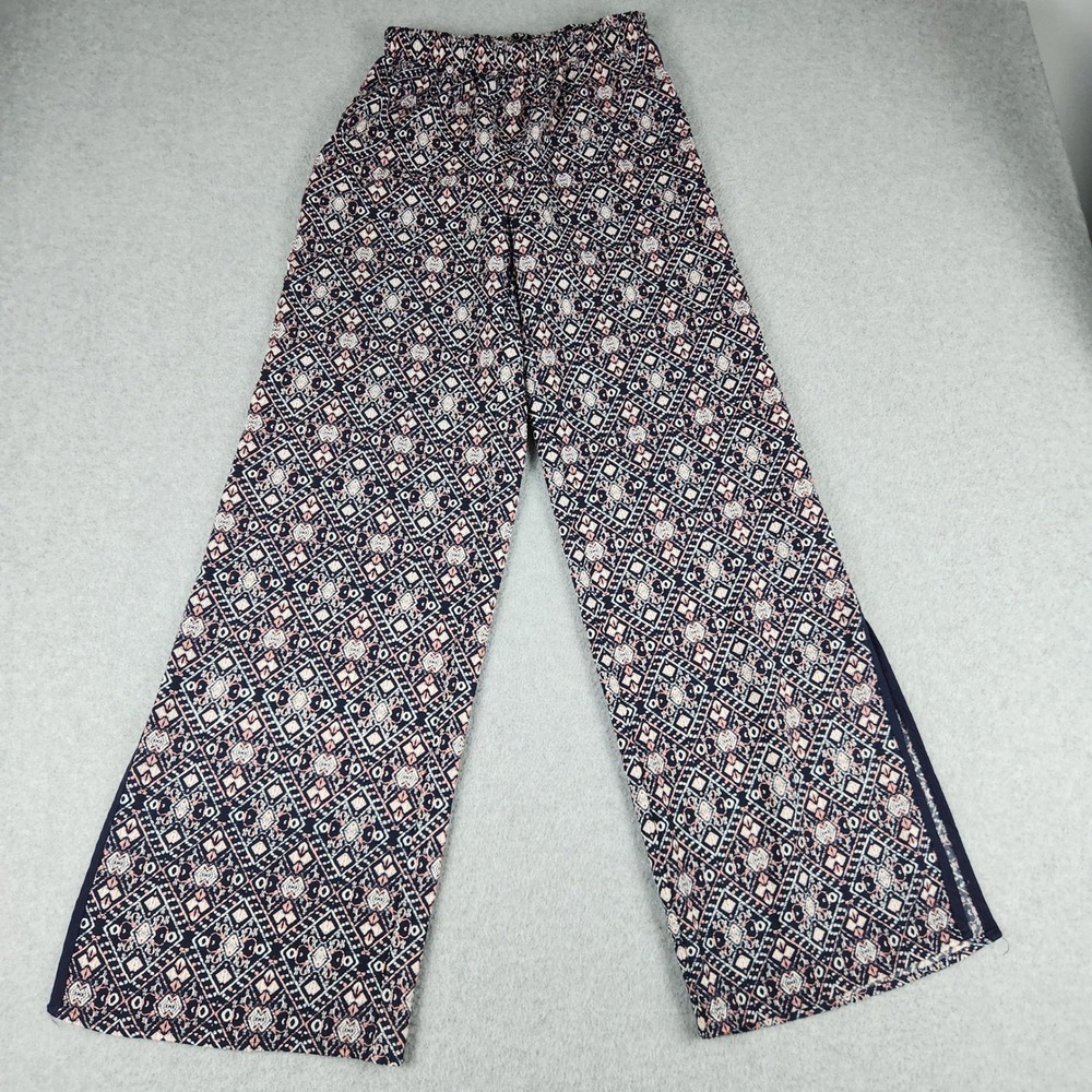 Joe B Palazzo Pants Women XS Blue Pink Geometric Medallion Wide Leg Side Slit